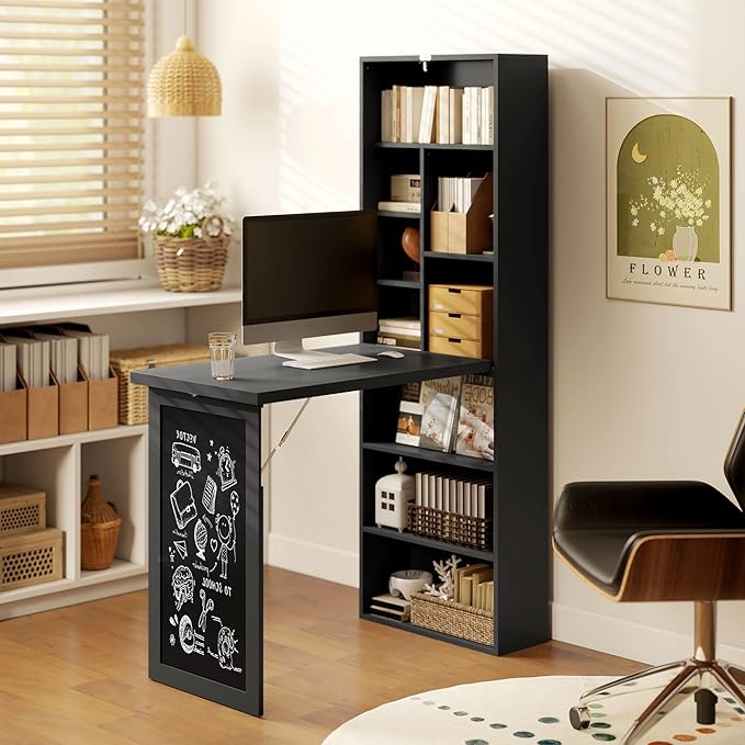 HOMCOM Fold-Out Convertible Writing Table, Computer Desk with Blackboard and Side Shelf Multi-Function Home Office Workstation, Black