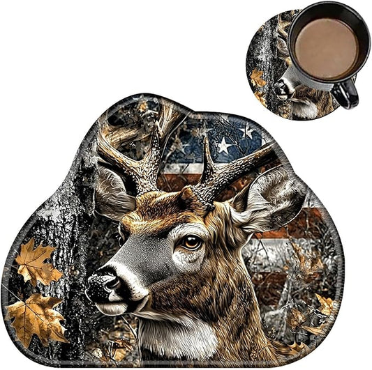 Cute Mouse Pad Plus 1 Coaster, Small Gaming Mouse Mat 11.8 x 9.45 inches, Travel Mouse Pads with Durable Stitched Edges Non-Slip Base, Camo Flag Deer Decor Mousepad for Office Home