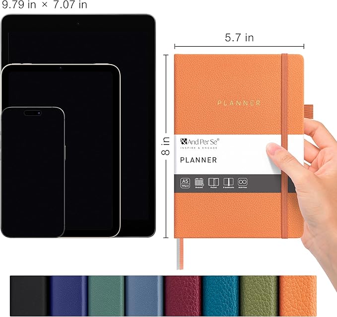 And Per Se Undated Planner – A5 Leather Hardcover Weekly & Monthly Goal Planner for 72 Weeks (1.5 Years) – with Goal & Habit Tracker (Pumpkin Orange)