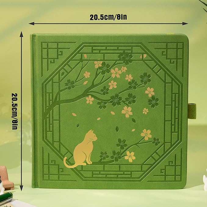 TIEFOSSI Square Dotted Journal, Cute Cat Journal for Women Girls, Dot Notebook with Pretty Sakura Pattern, Aesthetic Diary for Writing Journaling Drawing, Golden Edges, 8 x 8 IN