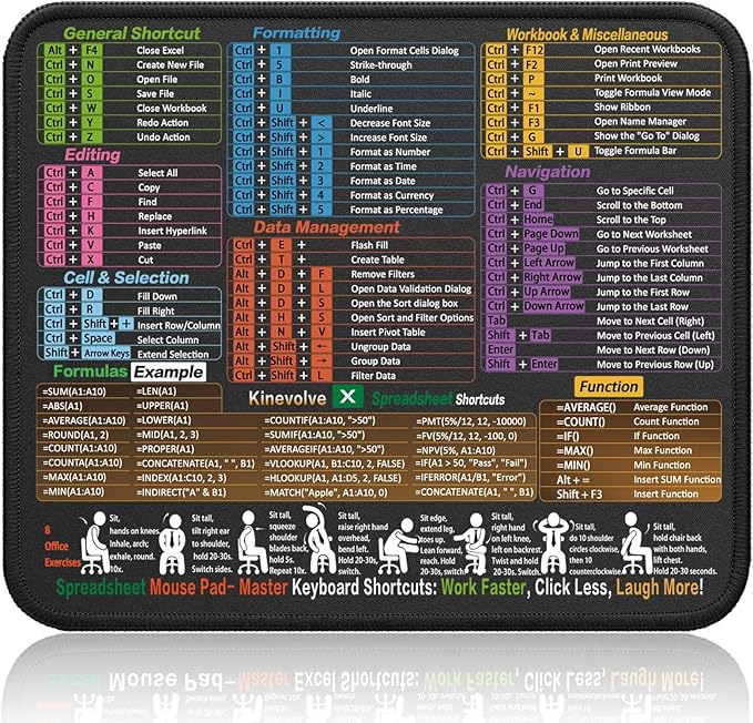Mouse Pad for Excel Shortcuts – Small Excel Spreadsheet Cheat Sheet Desk Pad – 11.8"x9.8" Portable Computer Mousepad – Gaming, Office, Waterproof, Non-Slip, Stitched Edges