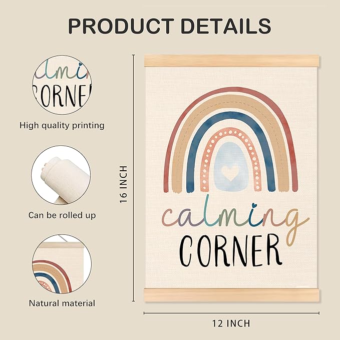 ROXMART Boho Rainbow Calming Corner Poster Hanger Frame, Mental Health Wall Decor, Psychology Therapy Wall Art Prints Decor for Kids Room Therapist Counselor Calming Office, 12x16 Inch