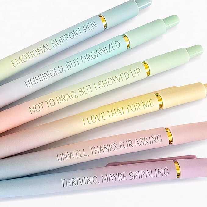 6-Pen Set | Unhinged But High-Functioning Engraved Soft-Touch Gel Pens｜Snarky Sarcastic Emotional Support Pens｜Office Supplies (Gold Ombre)