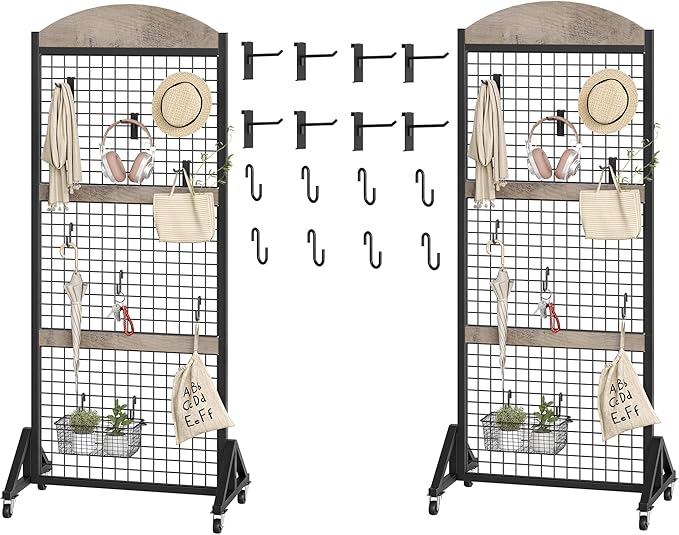 2 Packs Grid Wall Panel 5.7' x 2' FT Grid Display Rack with Wheels, Movable Gridwall Display Stand with 8 S-Shaped Hooks and 8 Garment Hooks, Floorstanding Wire Grid Rack, Greige and Black TCJ17P2BG