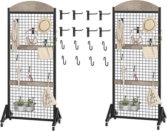 2 Packs Grid Wall Panel 5.7' x 2' FT Grid Display Rack with Wheels, Movable Gridwall Display Stand with 8 S-Shaped Hooks and 8 Garment Hooks, Floorstanding Wire Grid Rack, Greige and Black TCJ17P2BG