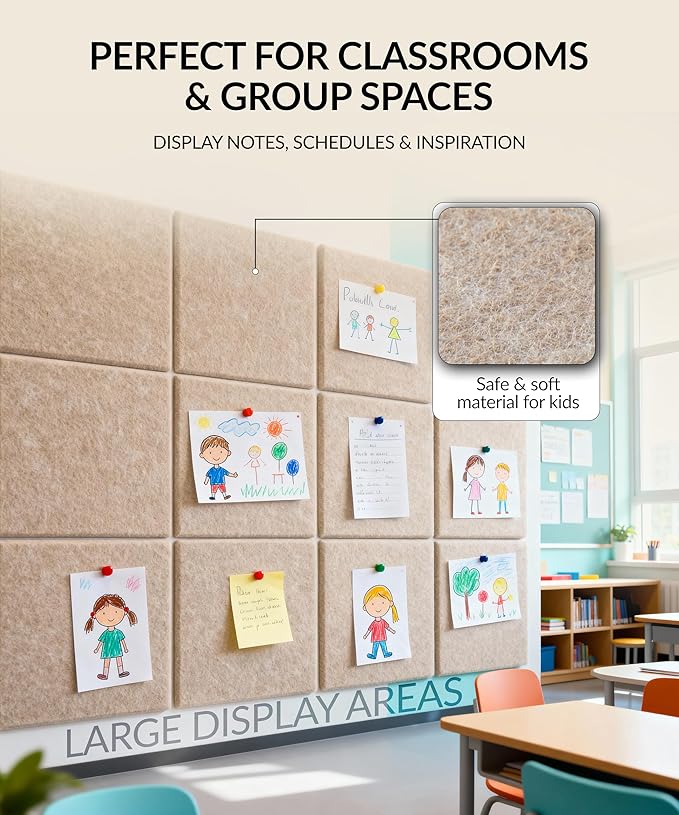 Large Felt Bulletin Board 48" x 36" with Push PINS & Wall Safe Adhesive Tabs – Modern Large Cork Board for Walls in Home or Office, Versatile Felt Board Layout, Cork Board, Vision Board, Dream Board