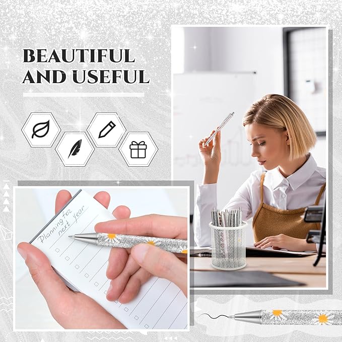 Sherr 7 Pcs Fancy Pens for Women Cute Sparkly Glitter Pens with 10 Pcs Black Ink Refills Pretty Gifts for Girls Office School Christmas Graduation(Bright)