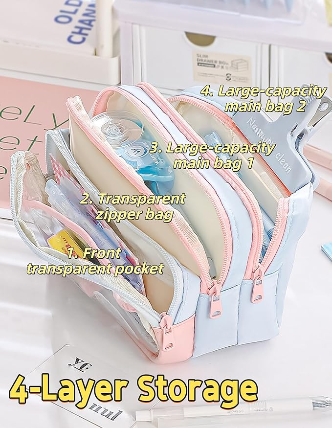 4-Layer Transparent Large Capacity Pencil Case - Ins Aesthetic Japanese Style Makeup & Supplies Organizer Pouch (Pink)