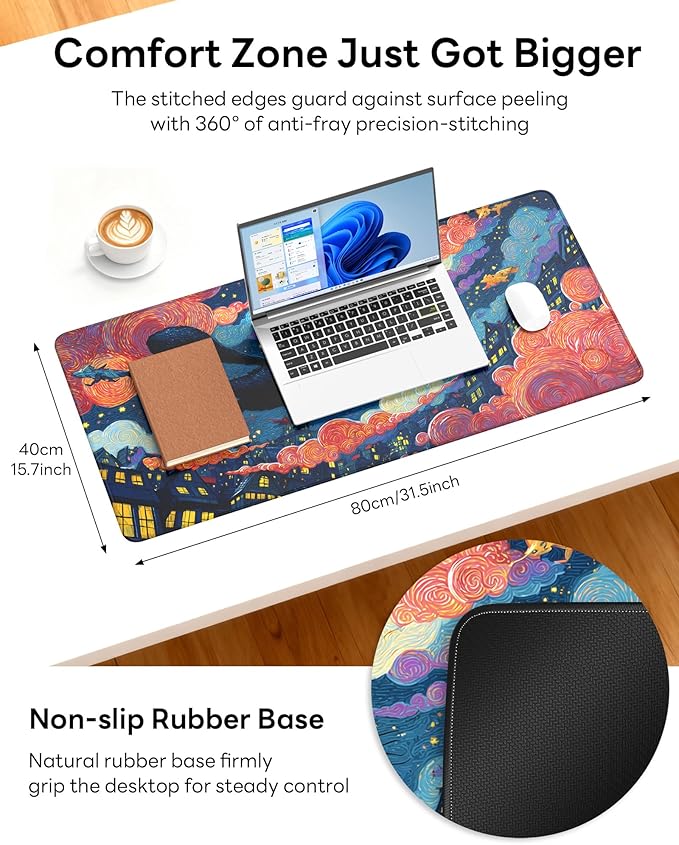XL Gaming Mouse Pad, 31.5x17.5'' Large Desk Mat with Anti-Slip Rubber Base & Stitched Edges for Gaming, Office, Home - Flying Cat