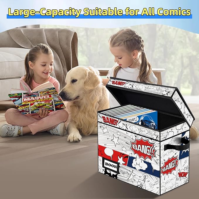 5 Pack Comic Book Storage Box, 15.8" X 7.8" X 11.8", Collapsible Holds 160-180 Comic Book Short Box Bin Container Holder Shelf(Cartoon Clock)