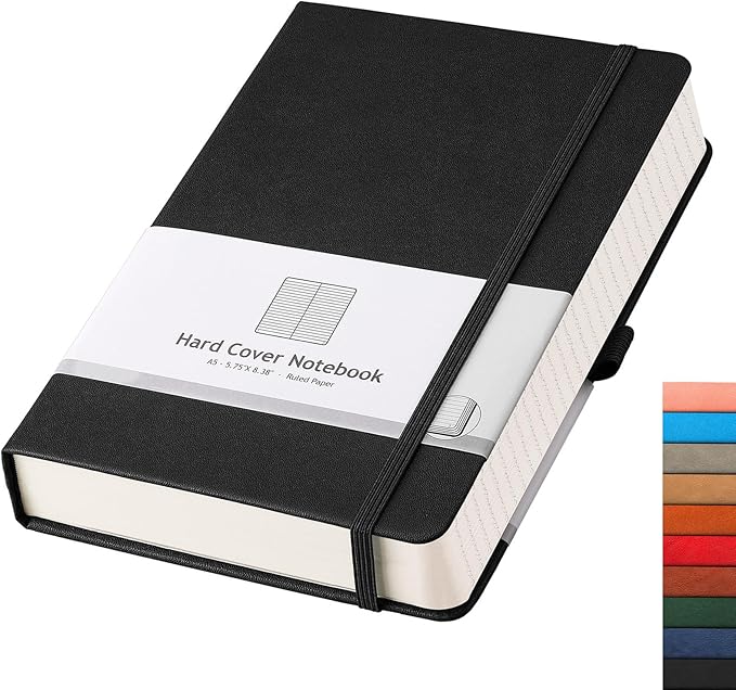 AHGXG Thick Journal Lined Notebook - 320 Numbered Pages Journal for Women A5 Notepad College Ruled, 100gsm Paper, Leather Hardcover, for Men Writing Work Office School, 5.75'' X 8.38''-Black