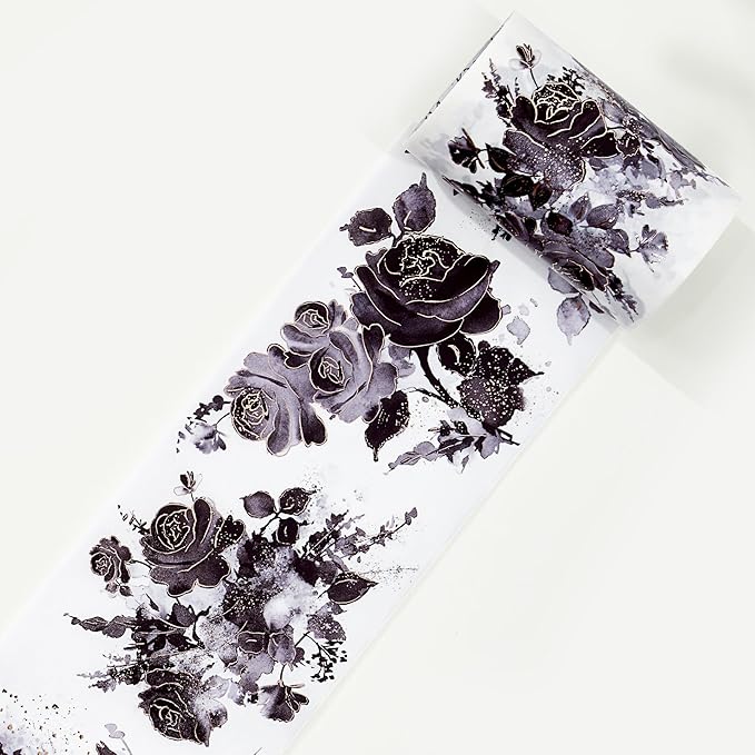 WT Rose Noir Wide Washi Tape Gilded, Single Roll, Original Designs, Black Flower Gold Foil Decors, Journal Scrapbook Bujo Planner DIY Crafts Supplies Gifts, Vintage Floral Adhesive Tape