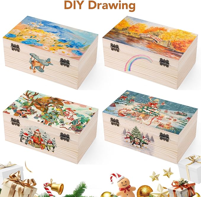 WSICSE Unpainted Wood Box with Hinged Lid - Large 9.2"x5.5"x3.9" for Crafts DIY Storage Jewelry & Gift Box and Hobby Organization Easter Basket Stuffers