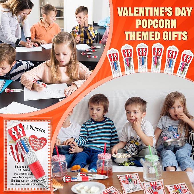 Colarr 24 Set Popcorn Valentines Gifts Multicolor Pens with Support Cards for Valentines Day Party Favors Classroom Prizes Students Goodie Bags Stuffers 4 in 1 Ballpoint Pens