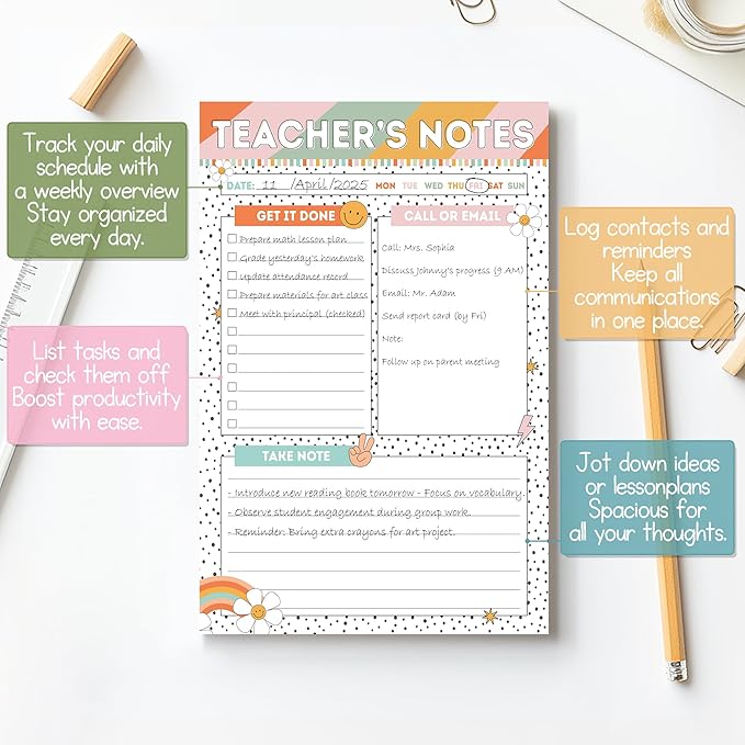 Teacher Gifts, Gifts for New Teachers, Retro Groovy Teacher Notepad, To-Do List Notepad, Stationery Must-Have Supplies for Preschool, Elementary, Middle, and High School Teachers