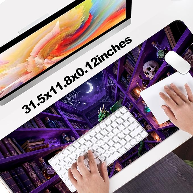 Fantasy Magic Bookshelf and Dragon XL Large Desk Mat, Extended Long Desk Pad for Gaming and Office, Non-Slip Rubber Base, Comfortable Surface Mouse Pad, 31.5x11.8 in (H26)