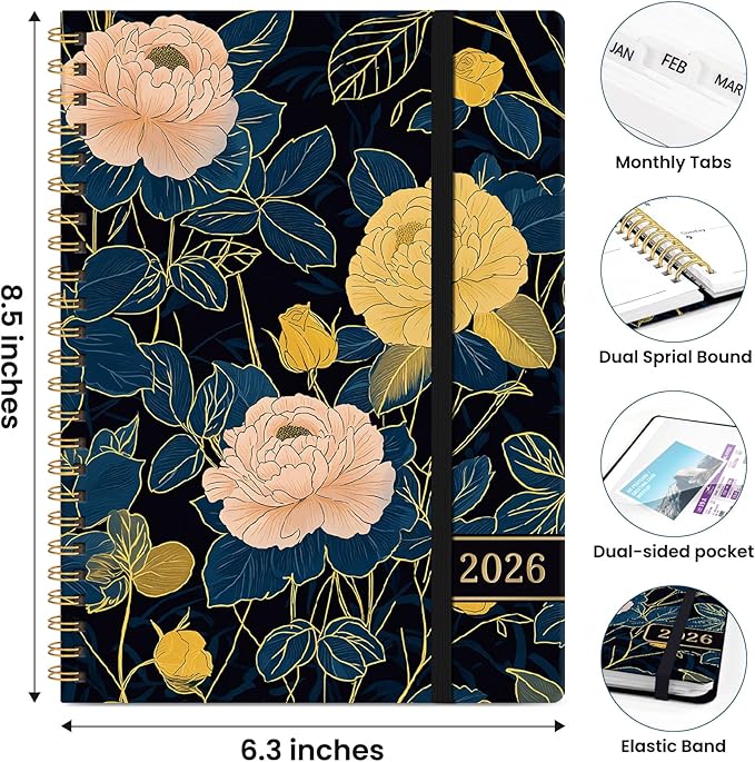 2026 Planner, Weekly and Monthly Planner for Women, January 2026 to December 2026, Pretty Hardcover 2026 Calendar Planner Book with Tabs, Inner Pocket, Spiral Bound, Perfect Office Home School Supplies - 6.3" x 8.5", Luxe Peony