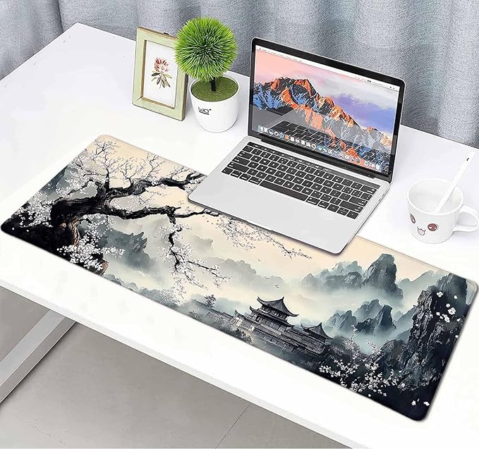 Japanese Cherry Blossom Large Mouse Pad, Desk Mat Computer Keyboard Pad Non-Slip Rubber Base Waterproof with Stitched Edges for Laptop Gaming, Office & Home 31.5 x 11.8 Inch