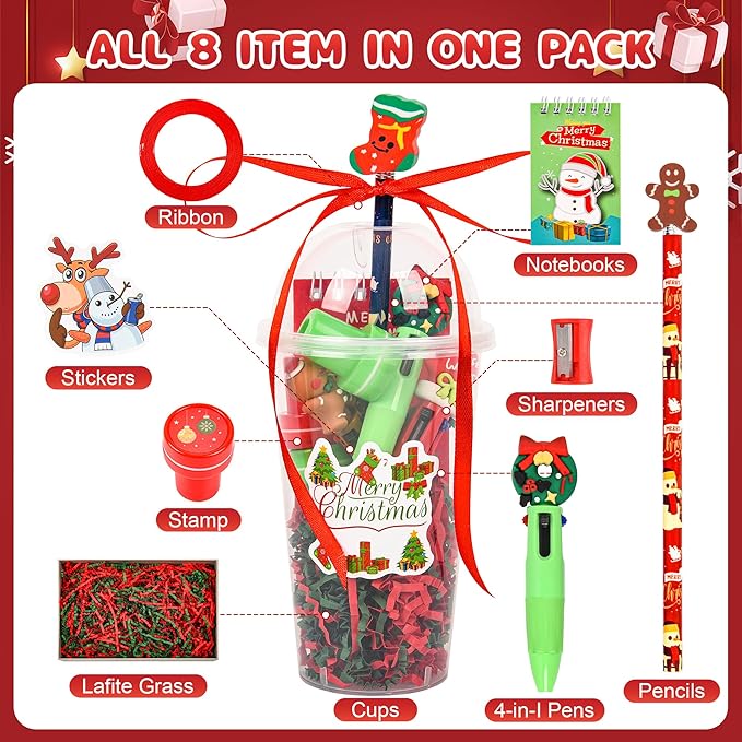 LiYiQ 247 Pcs Christmas Party Favors Return Gifts for Party, Student Stationery Gifts from Teacher, Pencil Erasers Notebooks Stickers for Classroom Birthday Goodie Bags Rewards Prizes