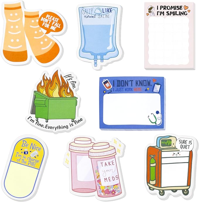 8 Pcs Funny Nurse Sticky Notes Doctors Medical Notepad Memo Pads Nursing Essentials Graduation Appreciation Gifts Office Stationery Supplies for Hospital CNA Healthcare Workers School Students Teacher