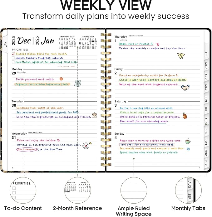 2026 Planner, Weekly and Monthly Calendar Planner Book, January 2026 - December 2026, Hardcover Spiral Planner with Monthly Tabs, Notes Pages, Perfect for Women & Men, A5 (6.4" x 8.5") - Botanical