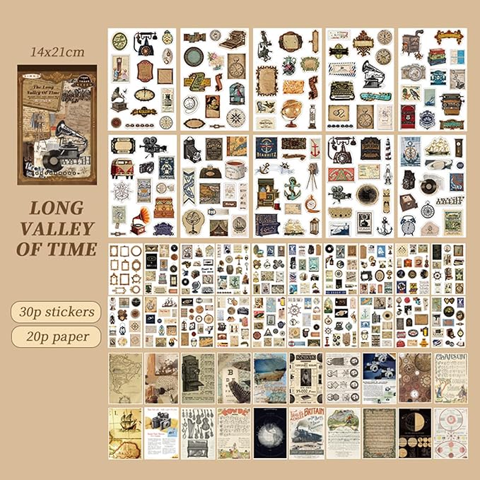 Vintage Aesthetic Stickers, 50 Sheets Washi Sticker Book for Adults, 30 Sheets Scrapbook Stickers and 20 Sheets Scrapbooking Papers for Bullet Journaling Junk Journal Supplies Ephemera Sticker
