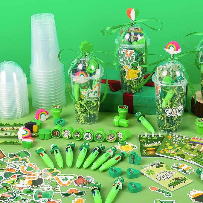 LiYiQ 247 Pcs St Patrick's Day Party Favors Return Gifts for Party, Student Stationery Gifts from Teacher, Pencil Erasers Notebooks Stickers for Classroom Birthday Goodie Bags Rewards Prizes