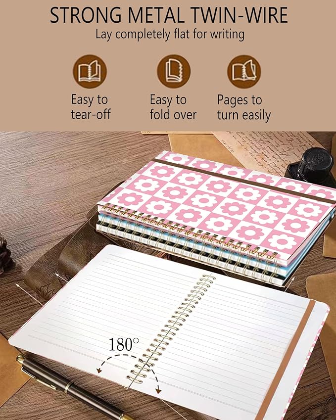 Spiral Journal Notebook, A5 Cute Notebooks for Women Men, College Ruled Hardcover Notebook for Work & Note Taking, 60 Pages Double-Wire Journals for Writing, Cute Pink Plaid Daisy