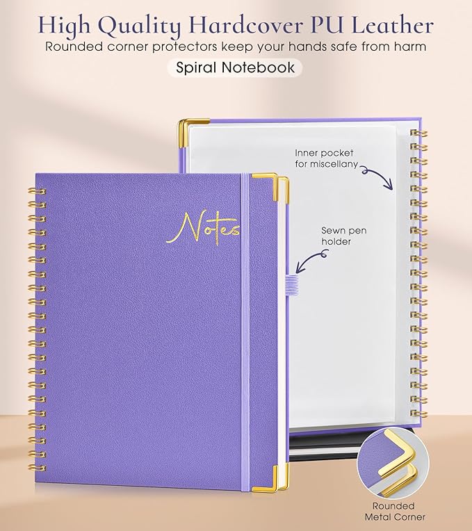 Hardcover Spiral Notebook Journal 8.5” x 11”, A4 Large Leather Notebooks for Women Men, Lined College Ruled Notebook, 100 GSM Paper, Spiral Bound Journals for Work School Note Taking Business, Purple