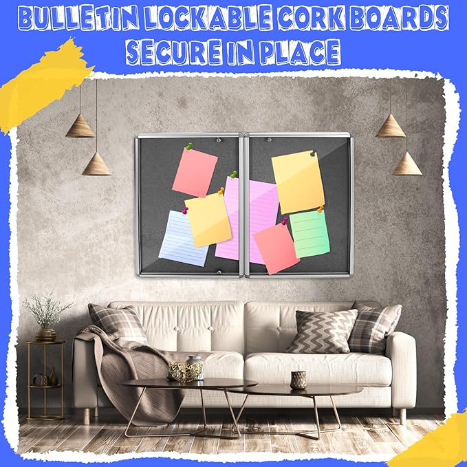 48"x36" Enclosed Bulletin Board Weather Resistant Lockable Outdoor Cork Fabric Display Board Aluminum Frame Wall Mounted 2 Locking Door for Office School Commercial 12xA4(Black, Silver Frame)