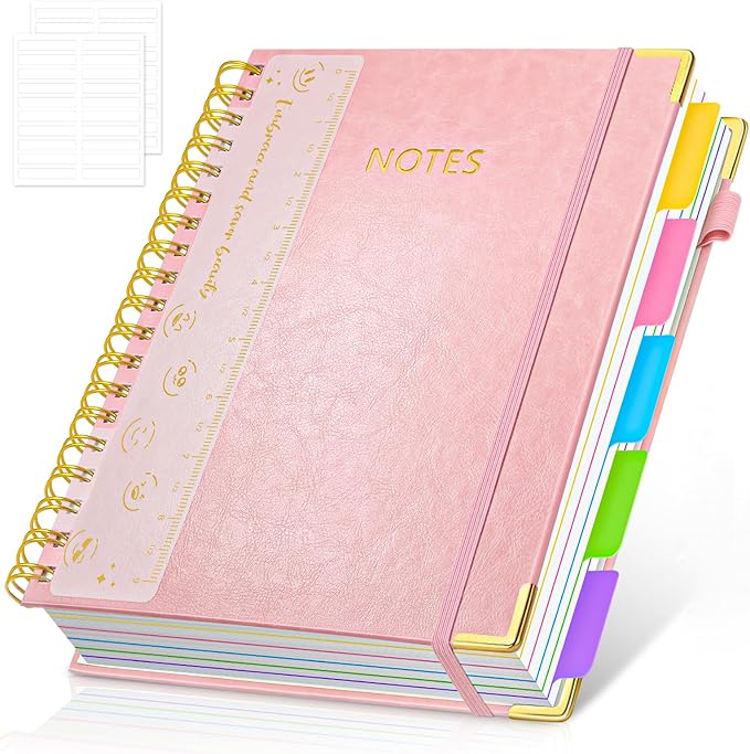 Hardcover Spiral Notebook Journal with Removable PVC Dividers - 8'' x 10'' Large 300 Page B5 Hardcover Leather College Lined Journals Notebook for Work Note Taking Office Home School Supplies, Pink