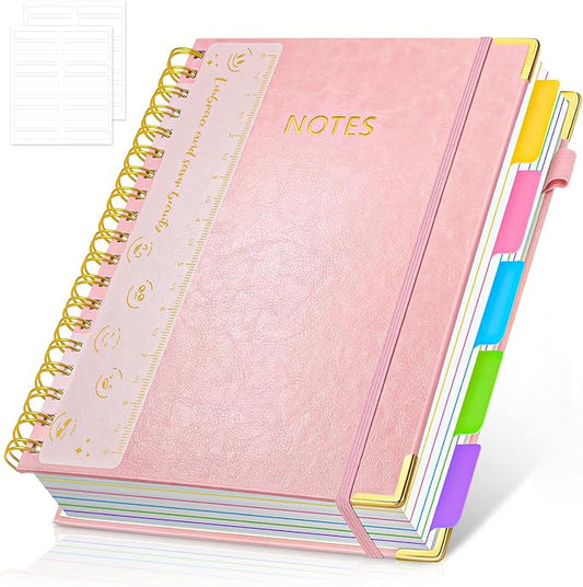 Hardcover Spiral Notebook Journal with Removable PVC Dividers - 8'' x 10'' Large 300 Page B5 Hardcover Leather College Lined Journals Notebook for Work Note Taking Office Home School Supplies, Pink