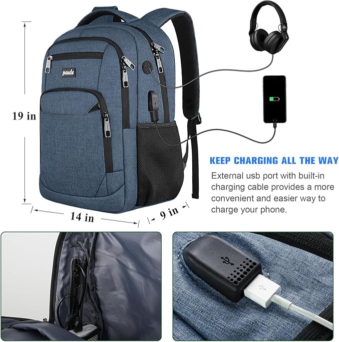 Paude Backpack for School, Laptop, Bookbag for Teen Boys - 17.3 Inch College Backpack for University, Business, Work, Travel (Blue, 17.3 inch)
