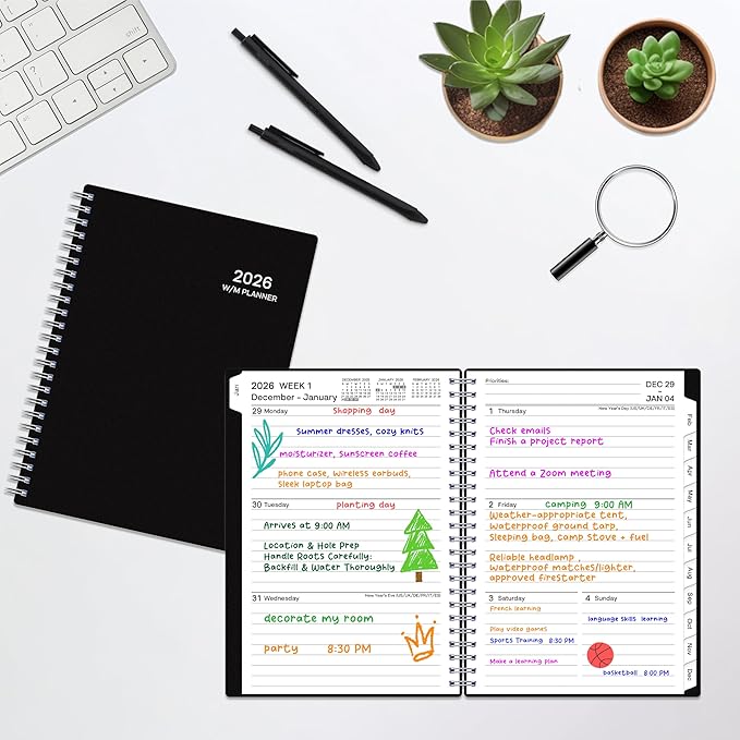 2026 Planner, Weekly ＆ Monthly Planner 2026, Jan 2026 – Dec 2026, 6.2" x 8.42", Flexible Cover, 12 Monthly Tabs, Thick Paper, Spiral Wirebound, Inner Pocket, Black