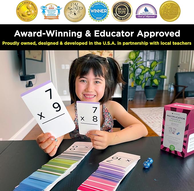 Award-Winning Multiplication Flash Cards – 173 Jumbo Cards (3.1” x 5.2”), All Facts 0–12 – 1 Fact & Visual Aid Per Card – Includes 2 Bonus Math Dice, Games, Charts & Mastery Divider Tabs – Grades 2–6