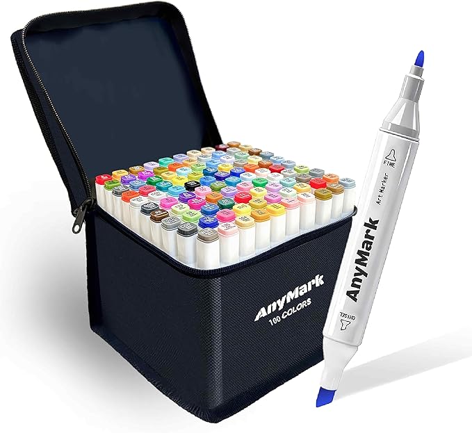 AnyMark Alcohol Markers, 100 Colors Dual Tip Art Coloring Markers Set for Adult Book Drawing Sketching Painting, Chisel & Fine, White Penholder