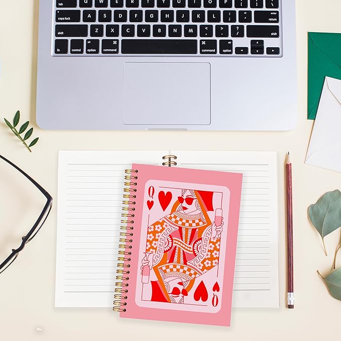 BearCake Funny Pink Queen of Hearts Notebook Journal, Preppy Pink Aesthetic Notebooks Office Supplies, Hardcover Spiral Notebook 5.5x8.3, Desk Accessories for Women Office