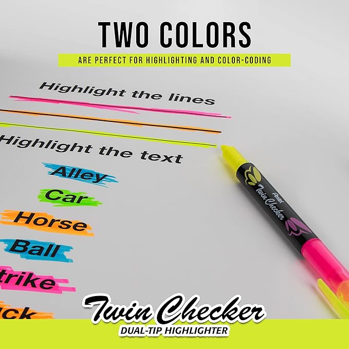 Pentel Twin Checker Dual-tip Highlighter, Chisel Tip, Assorted Colors, Pack of 4 (SLW8BP4M)
