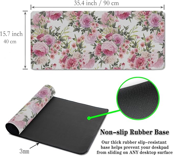 Keyboard Mouse Pad Pink Desk Mat for Women Extra Large Mouse Pads Office Accessories Gaming Mousepad Cool Mouse Pad Non-Slip Rubber Base 35.4" X 15.7" for Game Office, Roses Wreath