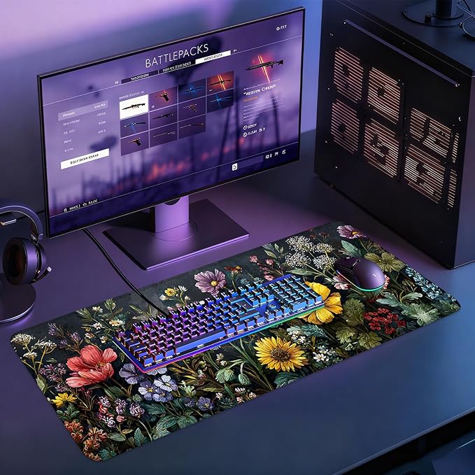 Desk Mat, XXL Extended Gaming Pad for Desktop, 31x12 Inches Vibrant Floral Bouquet, Large Non-Slip Vegan Leather Keyboard Mouse Mat for Home Office