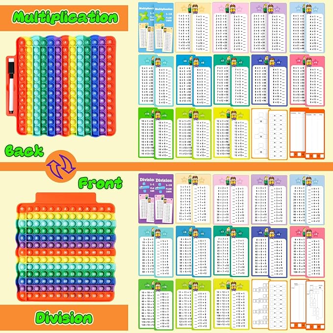 Multiplication Flash Cards + Division Flash Cards + Math Board, Math Flash Cards & Chart, Times Table Manipulatives for Preschoolers 3rd,4th,5th,6th Grade