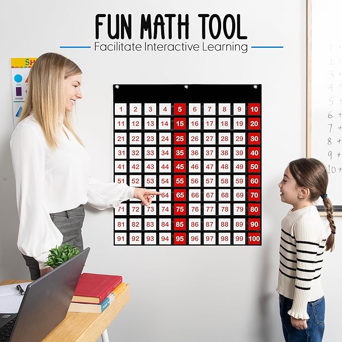 Essex Wares 29" Wide x 27.5" Tall 100 Pocket Chart for Classroom - Hundreds Chart for Classroom for Dynamic Math Education - Number Chart 1-100 for Kids for Wall, Counting Pocket Chart in Black