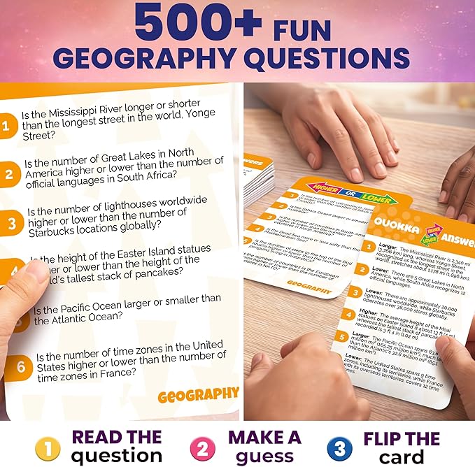 QUOKKA Trivia Board Games for Kids and Adults - Version V2.0 - Family Night Geography Games 4xSet Higher or Lower Trivia Cards | Guess Fun Questions | 2 + Players - Challenge Your Geography Knowledge