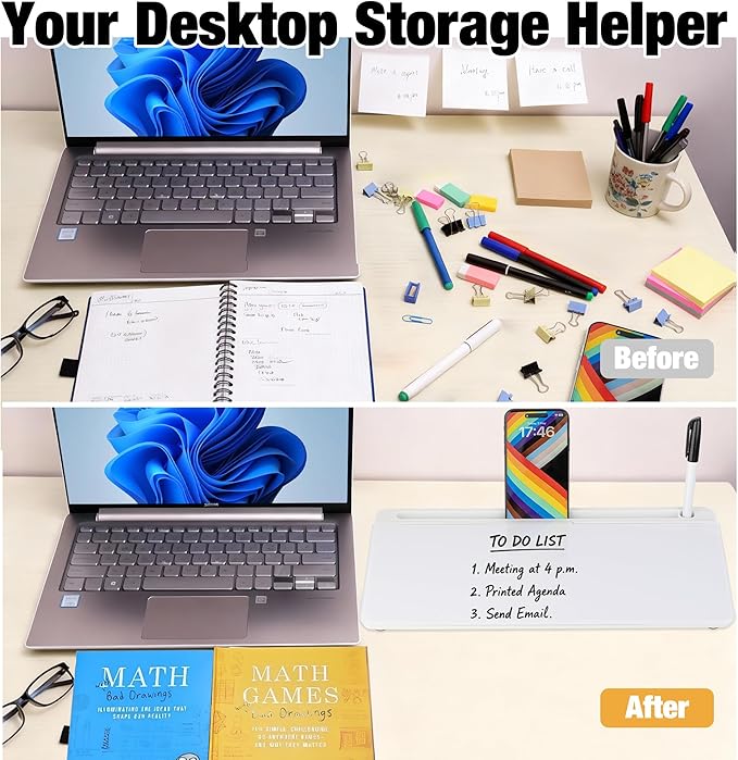 Glass Desktop Whiteboard 15.8×7”, Dry Erase Note Memo Board, Desk Organizer with Storage for Desk, Office, School Supplies, White, 2026
