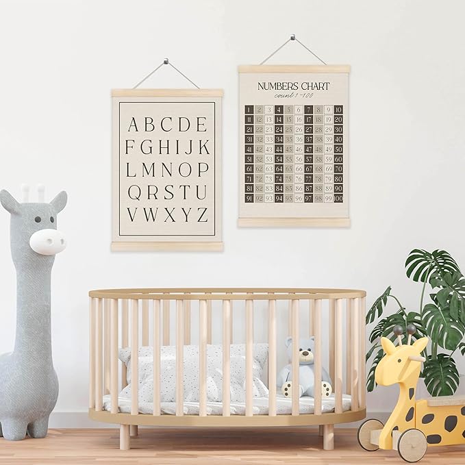 Koesus Alphabet Number Chart 1-100 Learning Wall Art Poster Hanger Frame 12x16 Inch Set of 2, Educational Canvas Pictures Prints Framed Wall Decor for Classroom Toddler Kids Room Nursery Playroom