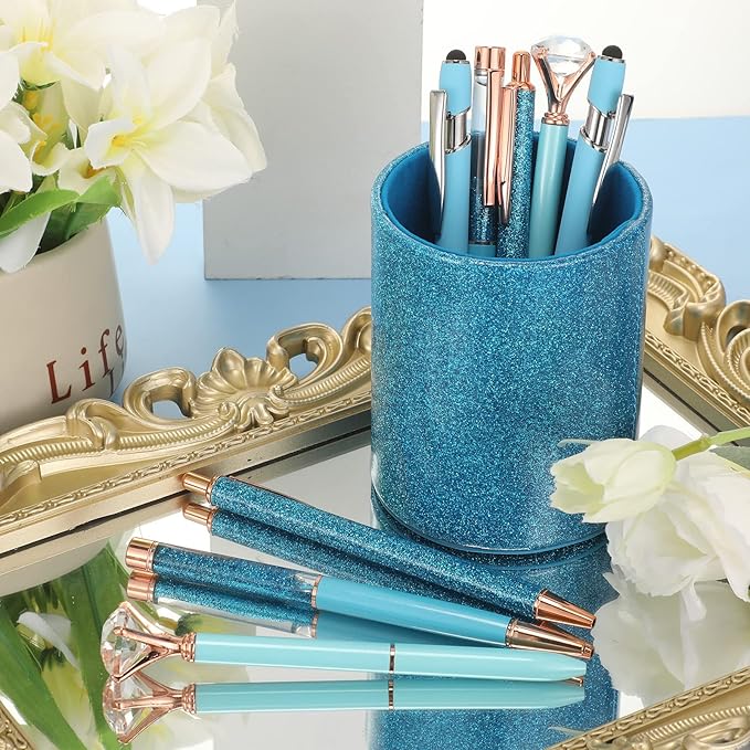 Sabary 8 Pcs Blue Pens with Pen Holder for Desk Glitter Crystal Diamond Cute Ballpoint Fancy Pencil Holder Bling Desk Organizer for Women Girls Gifts School Office Wedding Supplies