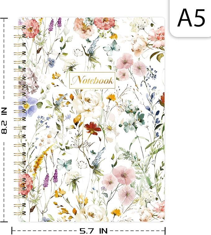 Spiral Notebook - Notebooks with Back Pocket, 5.7" * 8.2", Journal Notebook with Thick Paper & Back Pocket, 160 Pages, College Ruled Notebook/Journal with Twin-Wire Binding, Journals for Women - Floral