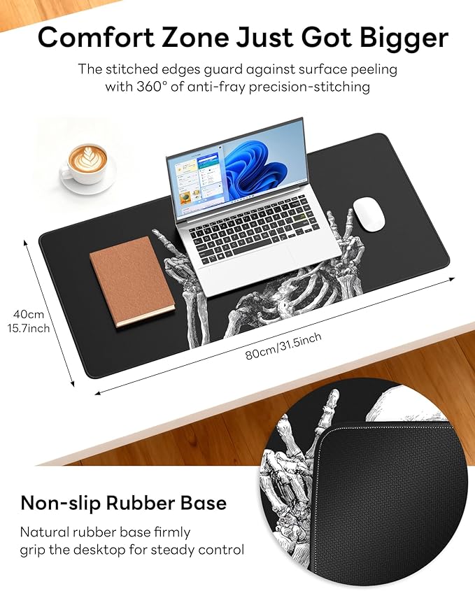 XL Gaming Mouse Pad, 31.5x17.5'' Large Desk Mat with Anti-Slip Rubber Base & Stitched Edges for Gaming, Office, Home - Fun Skull