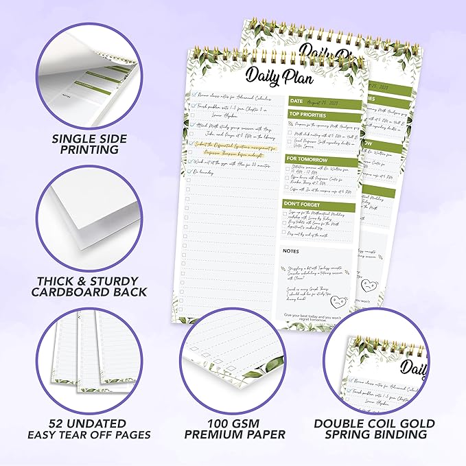 Decorably 52 Sheets Forest-Themed Undated Daily Planner Notepad, 6.5x10in Spring-Bound, Easy Tear-Off Design, with to-do List, Priorities, Checklist, Agenda, Reminders, Notes - Home, School, Office