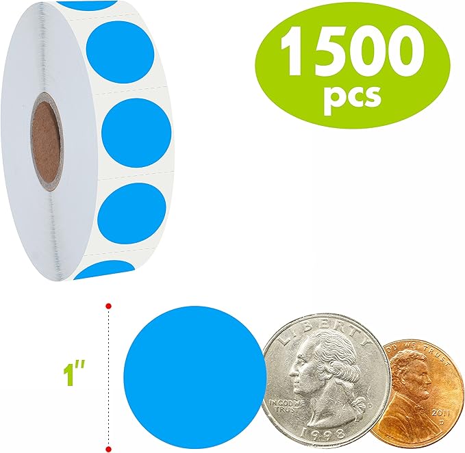 1500 PCS Blue Round Color Coding Circle Dots Inventory Stickers Labels with Perforation Line in Roll (Each Measures 1" in Diameter)